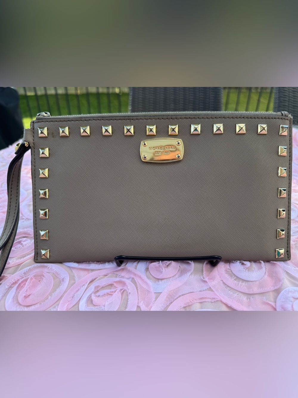 Michael Kors Taupe Saffiano Wristlet with Gold Studs